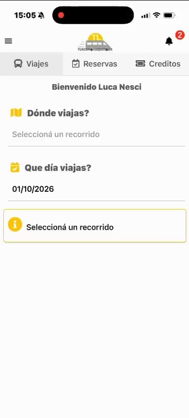 Pantalla de la app de Luquitour para elegir recorrido y día de viaje
